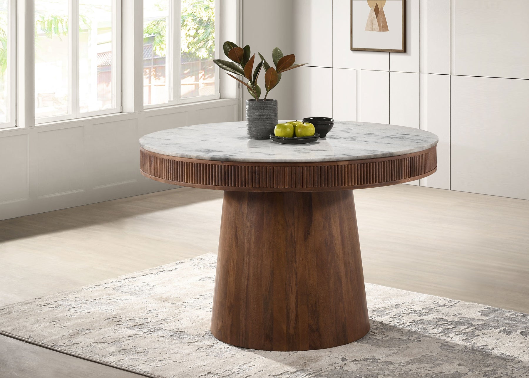 Ortega Round Marble Top Solid Base Dining Table White and Natural Half Price Furniture