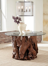 Asbury Round Glass Top Dining Table Clear and Natural Teak Half Price Furniture