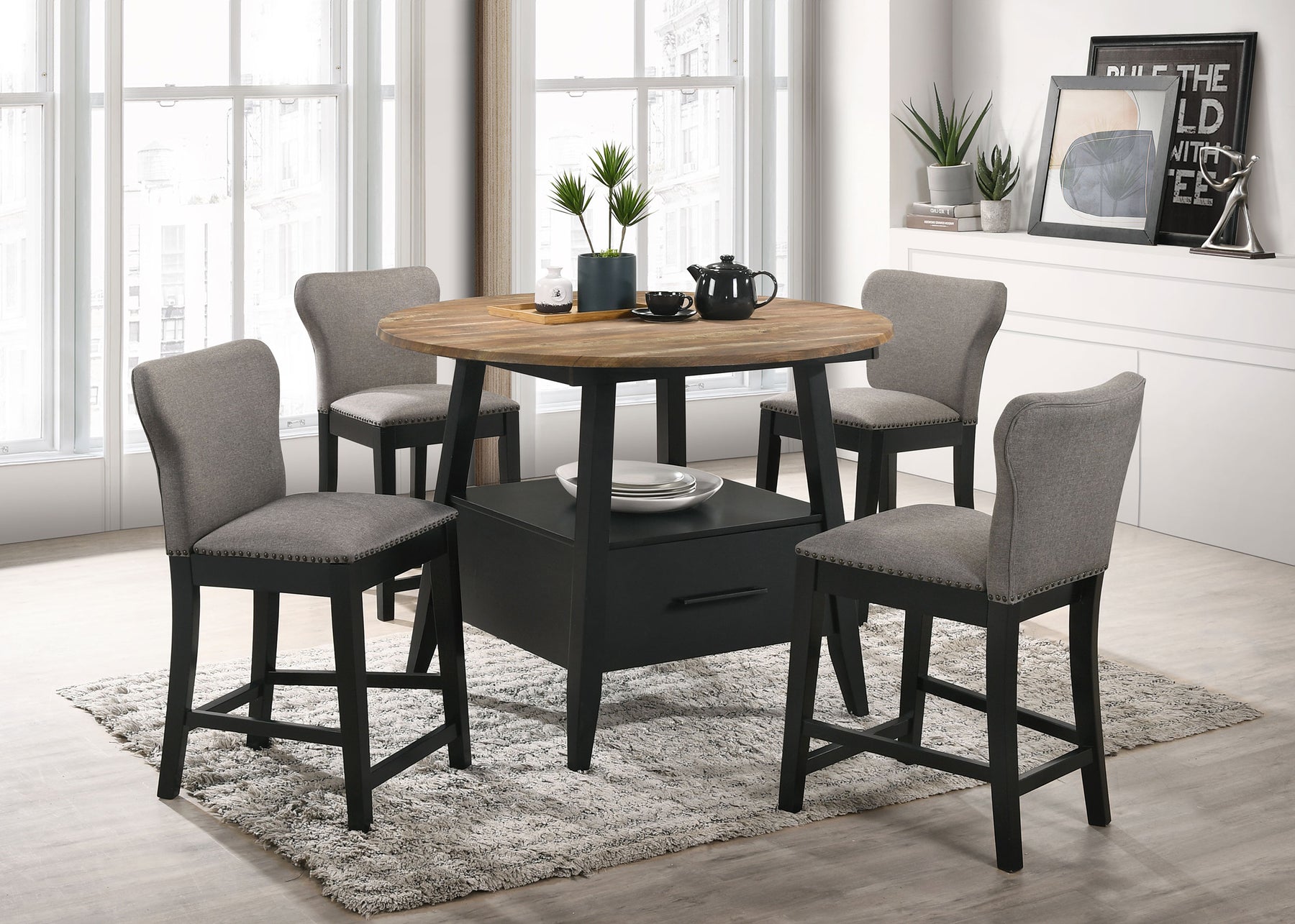 Gibson Round 5-piece Counter Height Dining Set Yukon Oak and Black Half Price Furniture