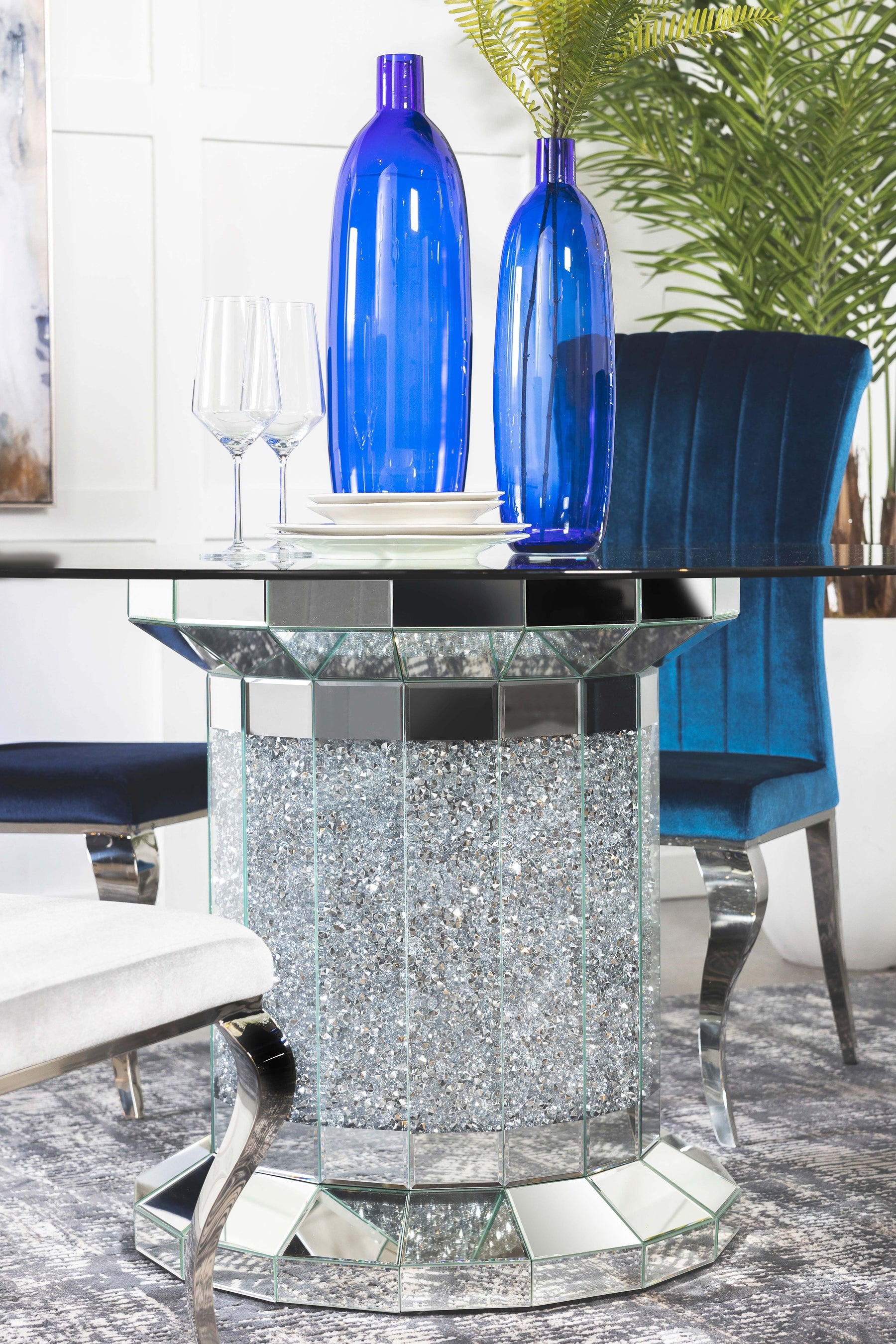 Ellie Cylinder Pedestal Glass Top Dining Table Mirror  Half Price Furniture