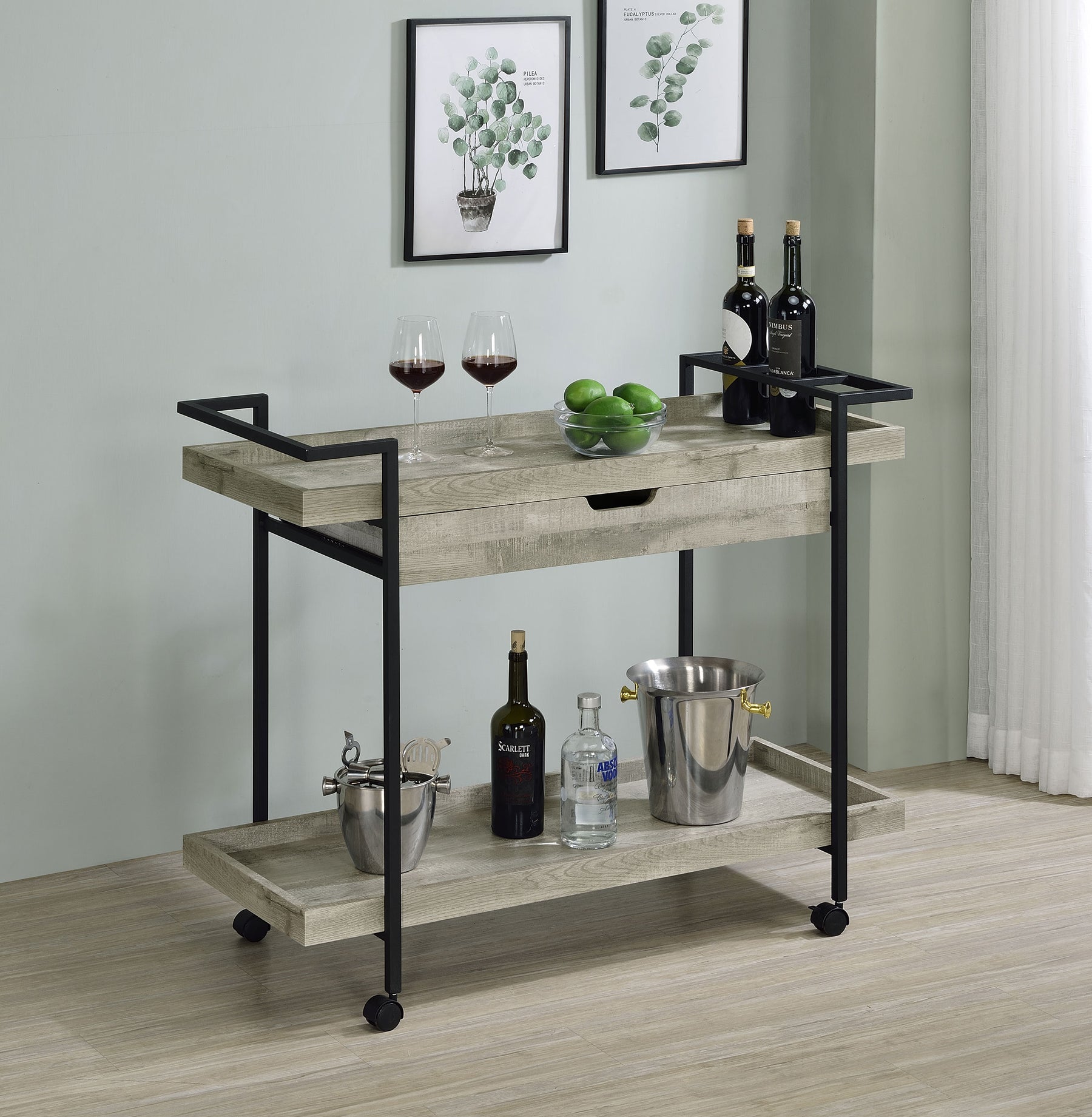 Ventura 2-tier Bar Cart with Storage Drawer Grey Driftwood  Half Price Furniture