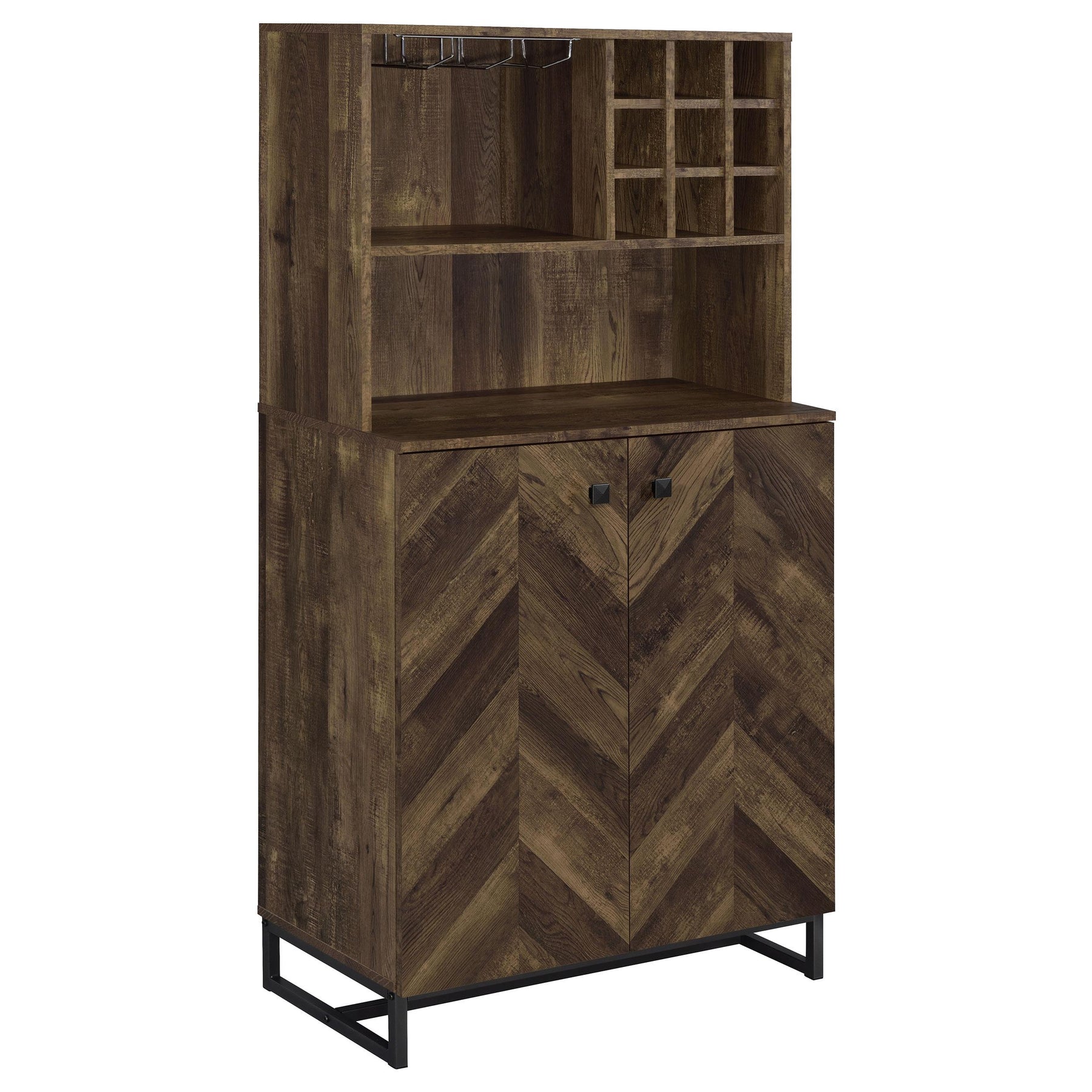 Mendoza 2-door Wine Cabinet Rustic Oak Herringbone and Gunmetal Half Price Furniture