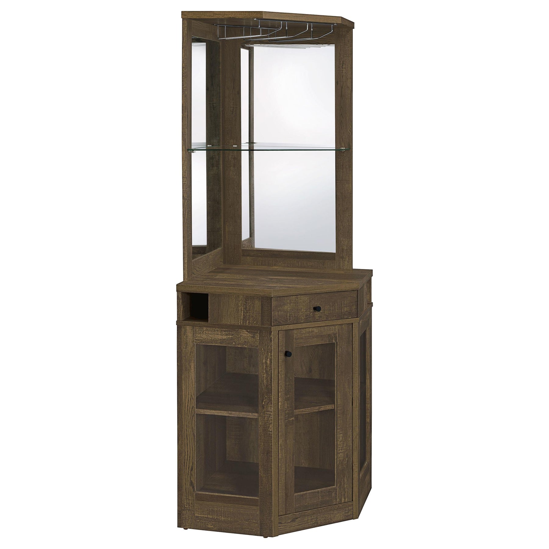 Alviso Corner Bar Cabinet with Stemware Rack Rustic Oak  Half Price Furniture