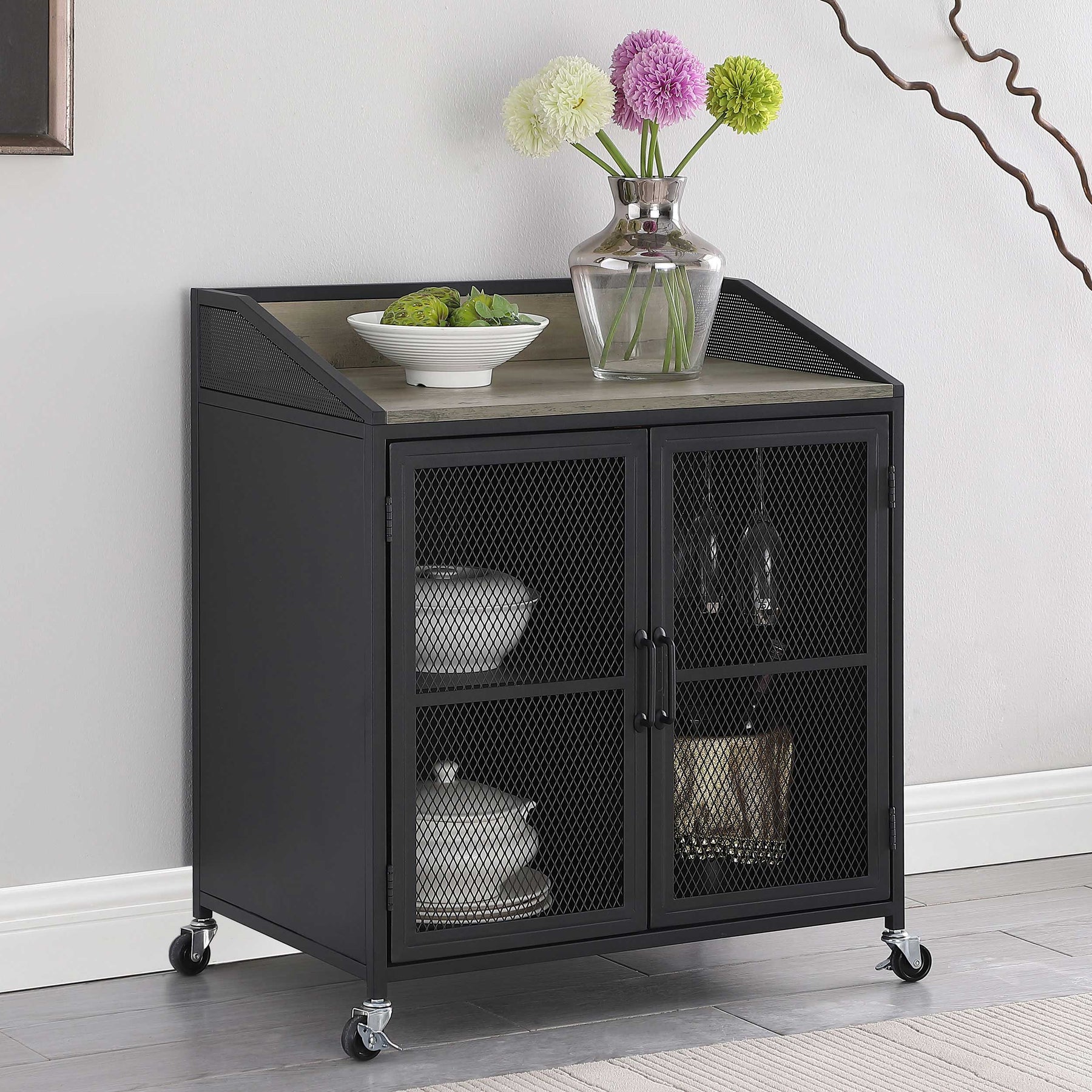 Arlette Wine Cabinet with Wire Mesh Doors Grey Wash and Sandy Black Half Price Furniture