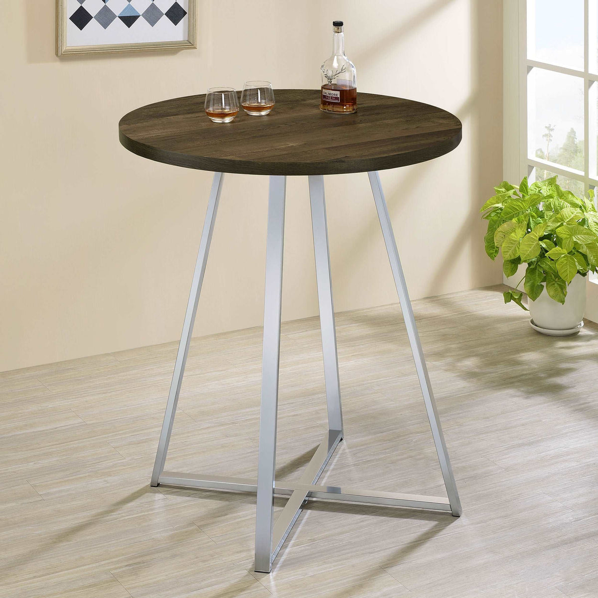 Burkhart Sled Base Round Bar Table Brown Oak and Chrome Half Price Furniture