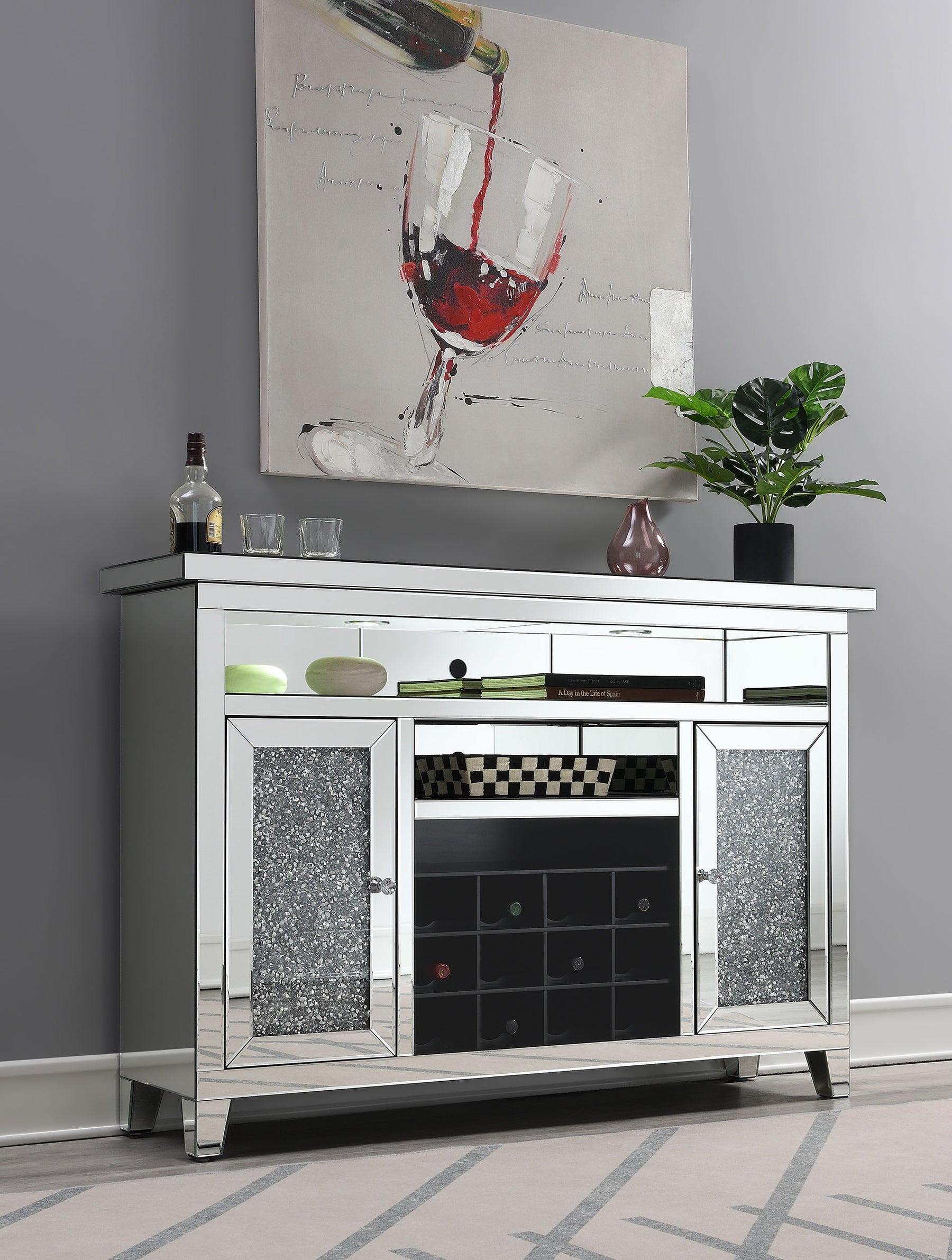 Melinda 2-door Wine Cabinet with Lighting Mirror Half Price Furniture