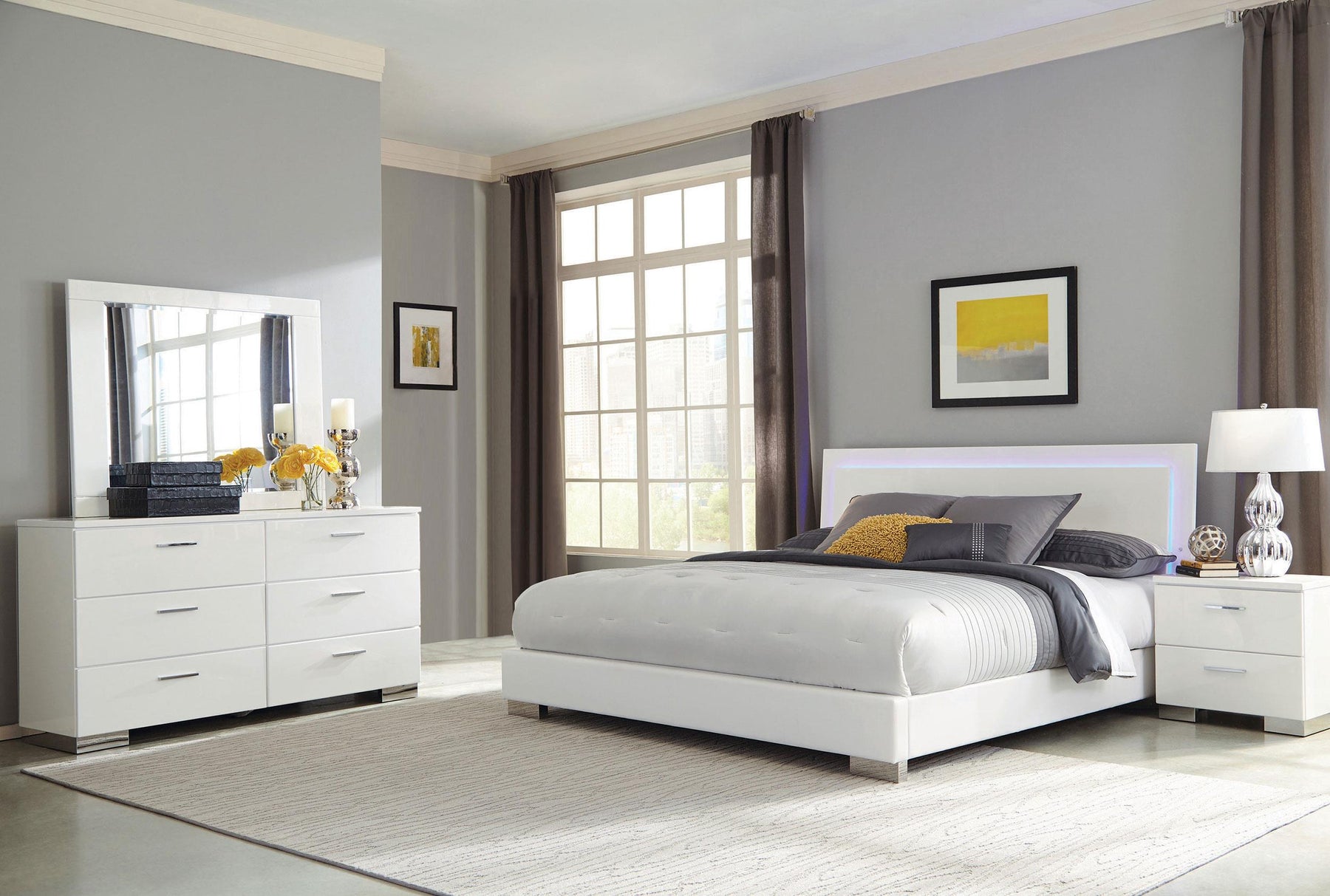 Felicity 4-piece Eastern King Bedroom Set with LED Headboard Glossy White Half Price Furniture