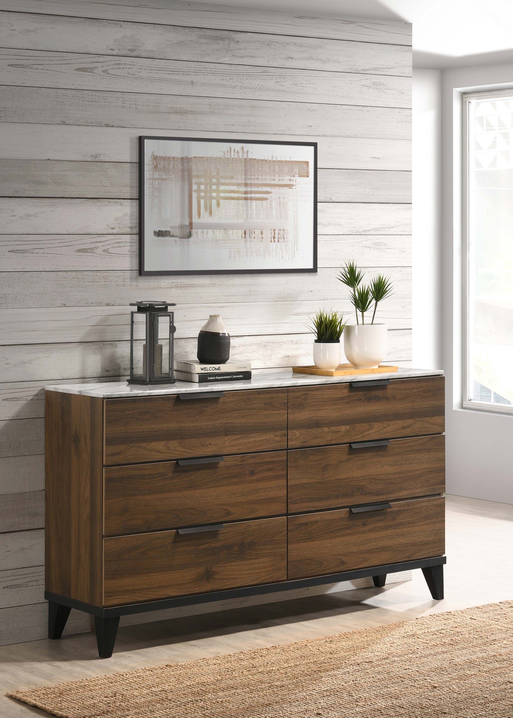 Mays 6-drawer Dresser Walnut Brown with Faux Marble Top Half Price Furniture