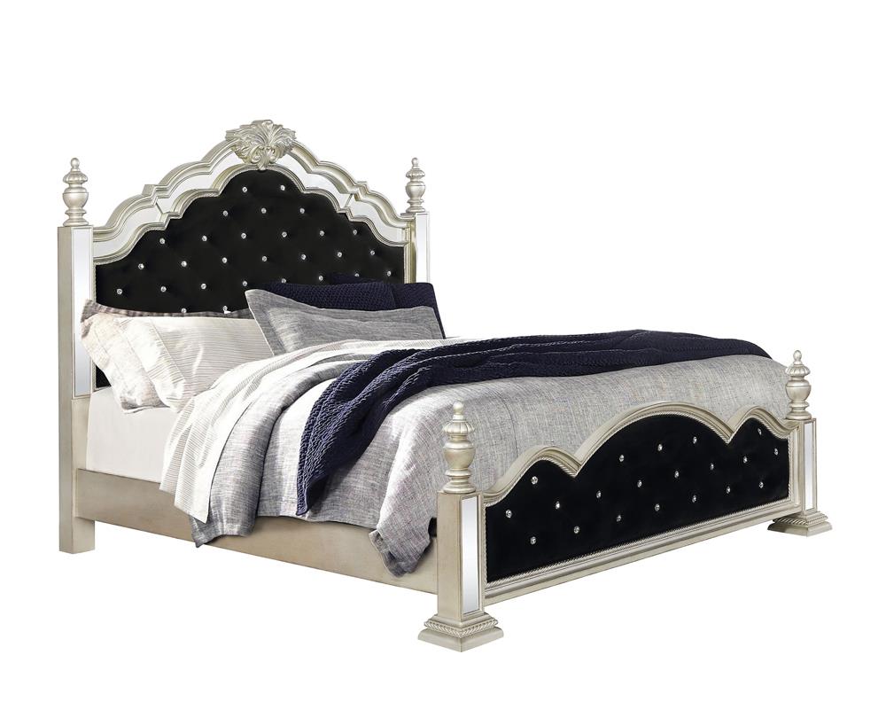 Heidi Eastern King Upholstered Poster Bed Metallic Platinum Half Price Furniture