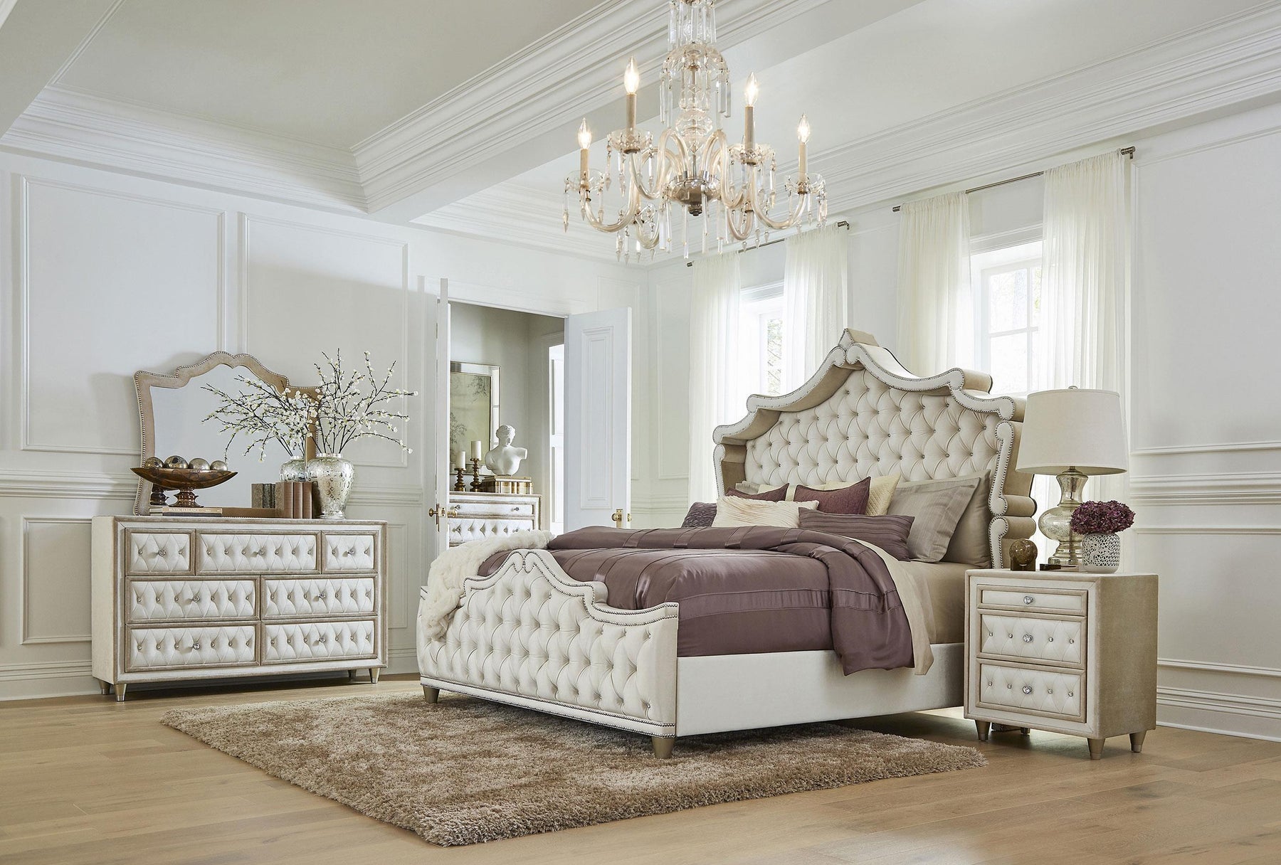 Antonella 5-Piece Eastern King Upholstered Tufted Bedroom Set Ivory and Camel Half Price Furniture