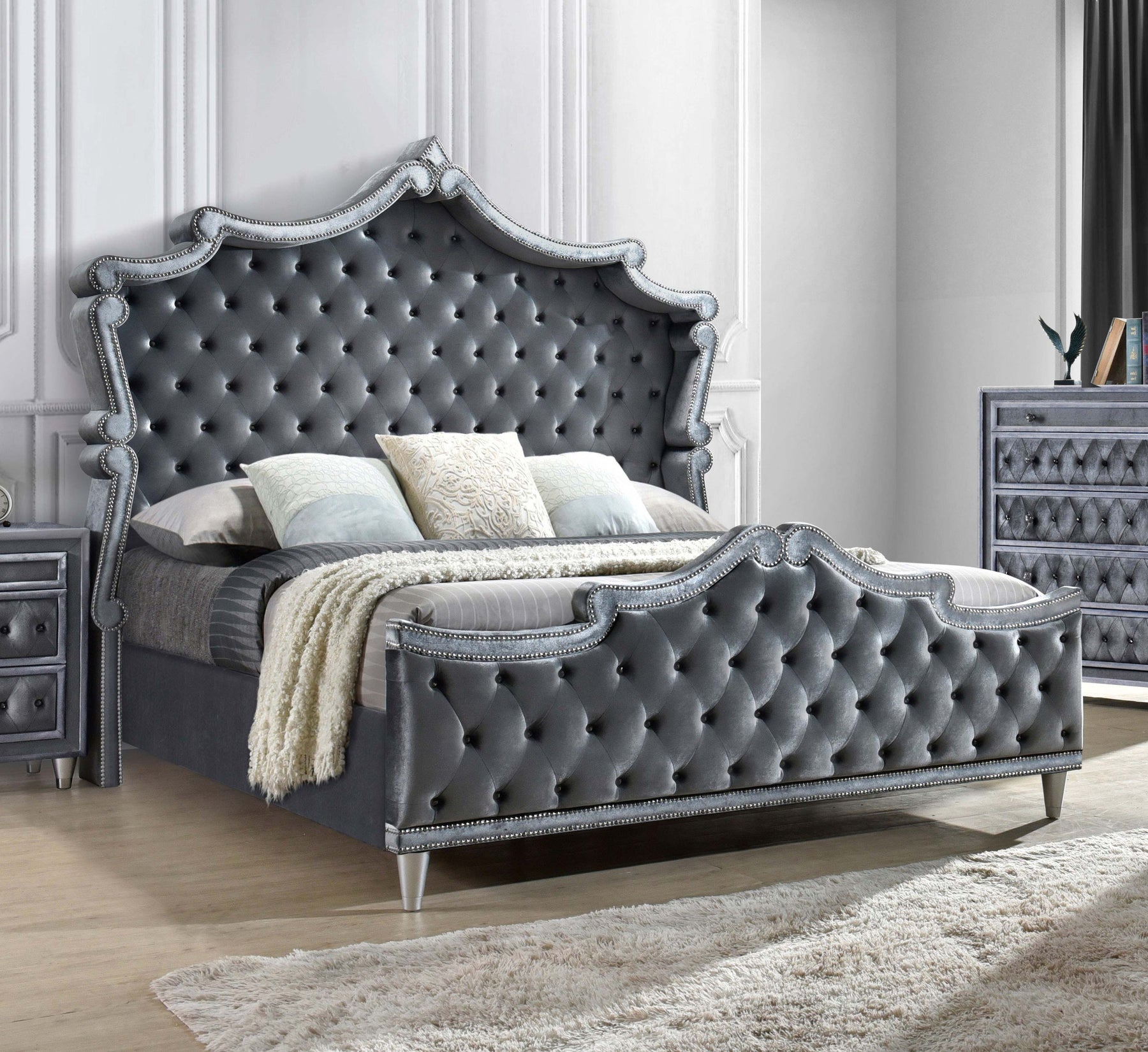 Antonella Upholstered Tufted Eastern King Bed Grey Half Price Furniture