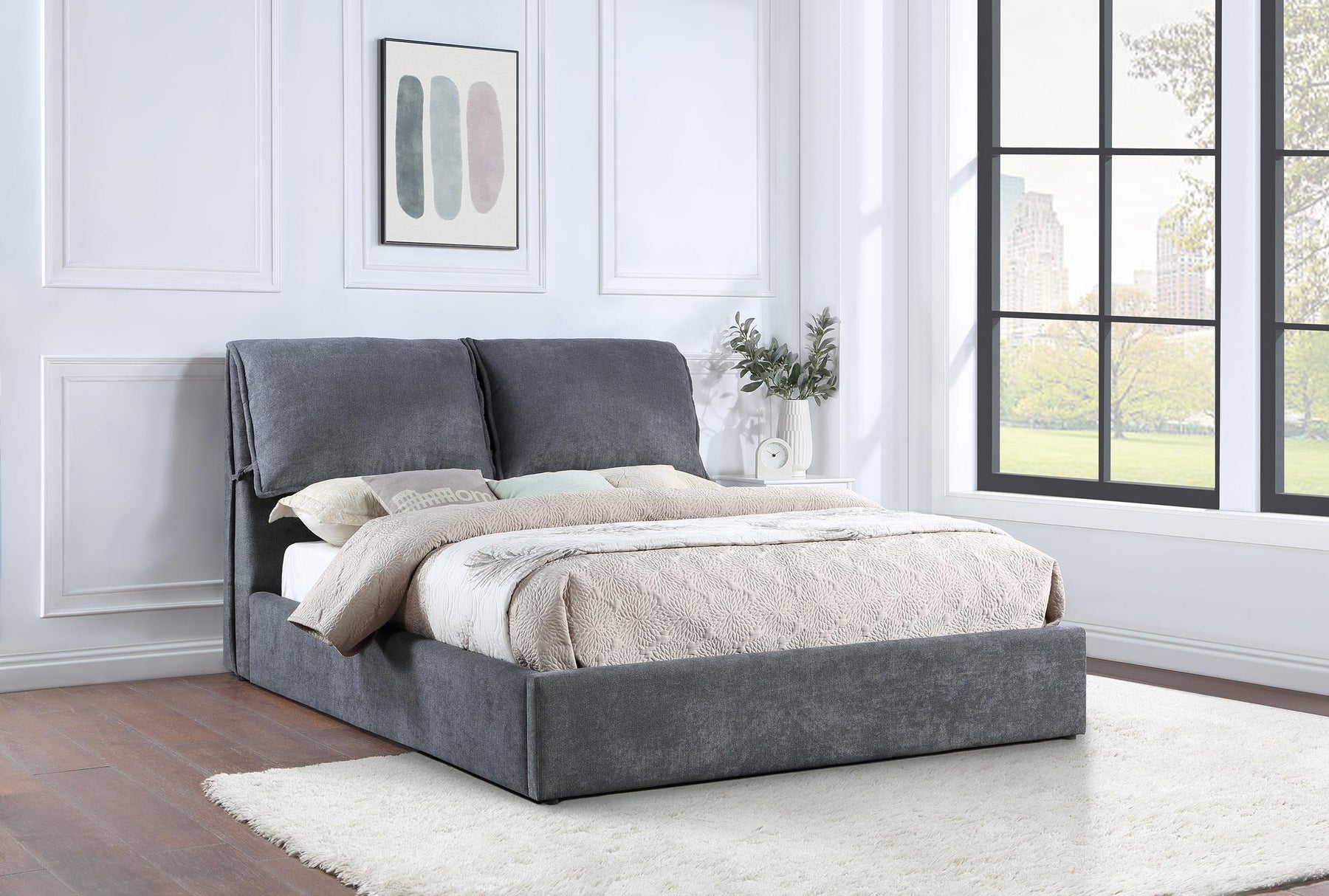 Laurel Upholstered Platform Bed with Pillow Headboard Charcoal Grey - Half Price Furniture