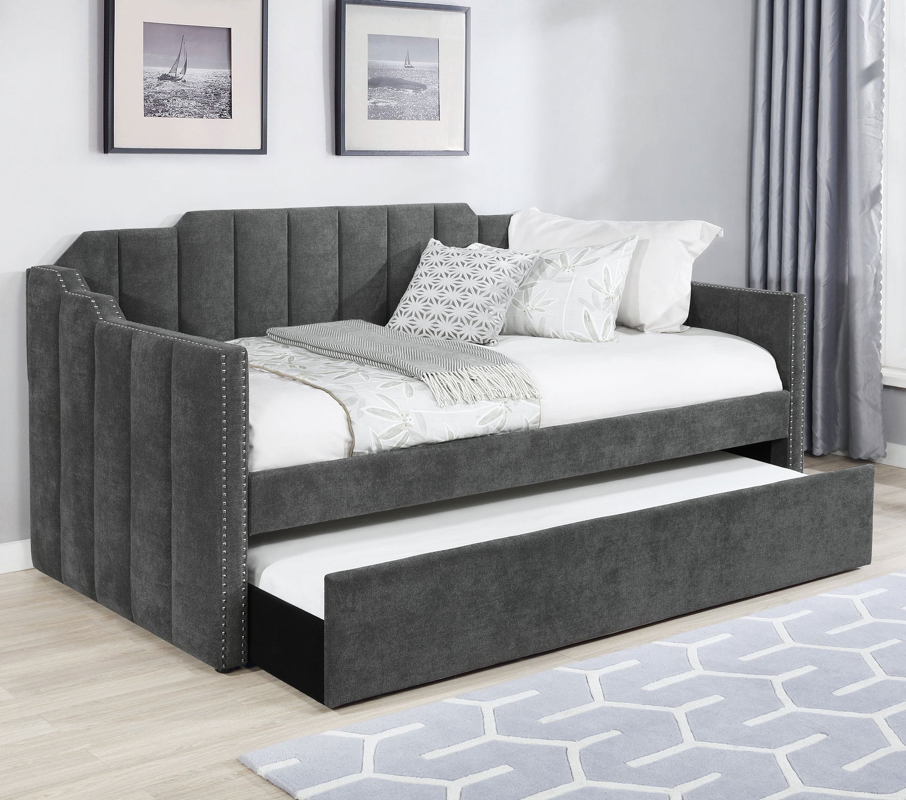 Kingston Upholstered Twin Daybed with Trundle Charcoal Half Price Furniture