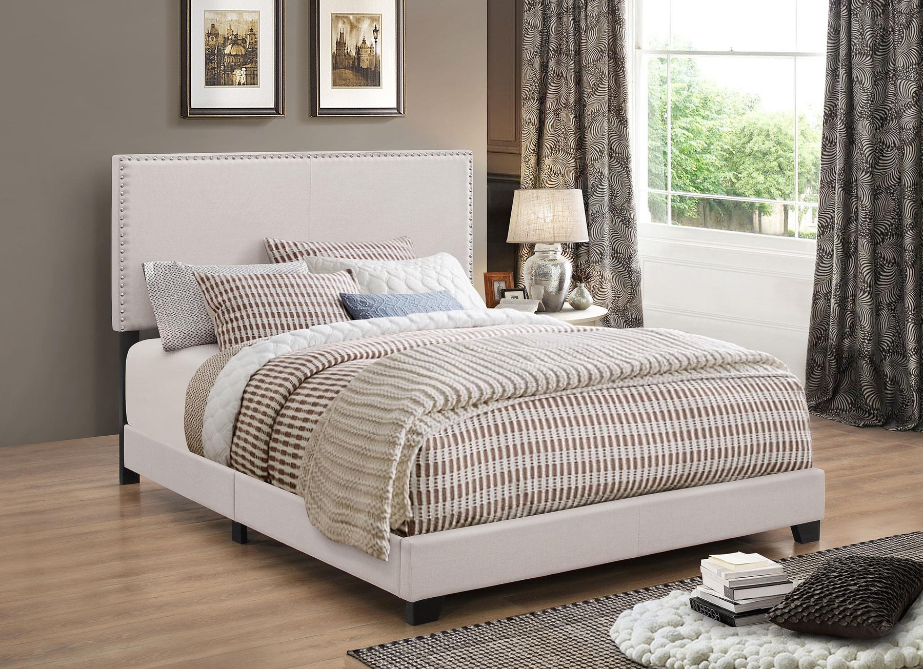 Boyd Eastern King Upholstered Bed with Nailhead Trim Ivory Half Price Furniture