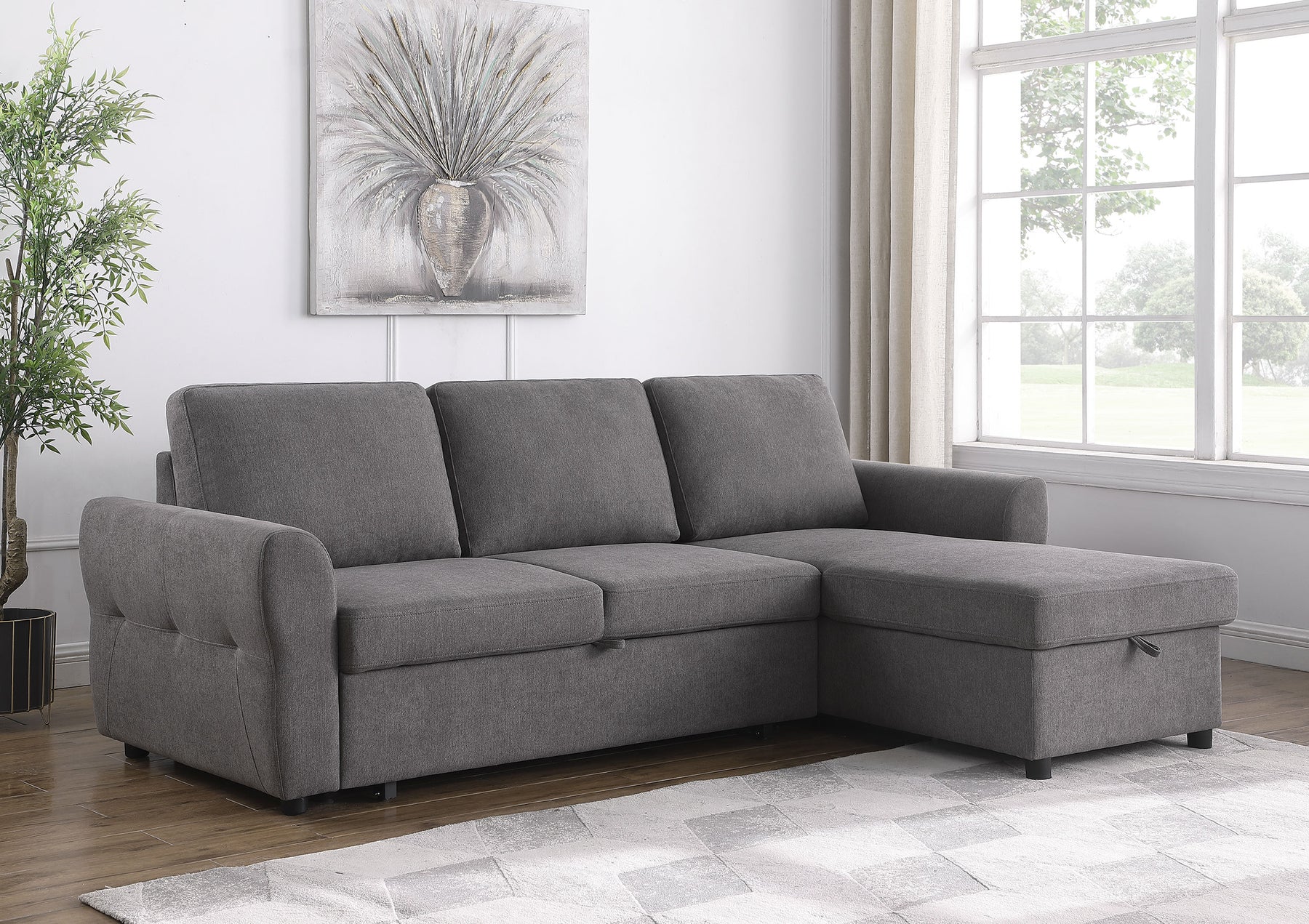 Samantha Upholstered Sleeper Sofa Sectional with Storage Chaise Grey Half Price Furniture