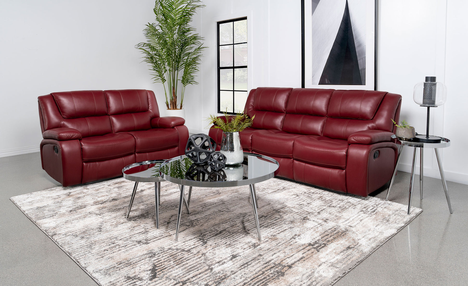 Camila Upholstered Reclining Sofa Set Red Faux Leather  Half Price Furniture