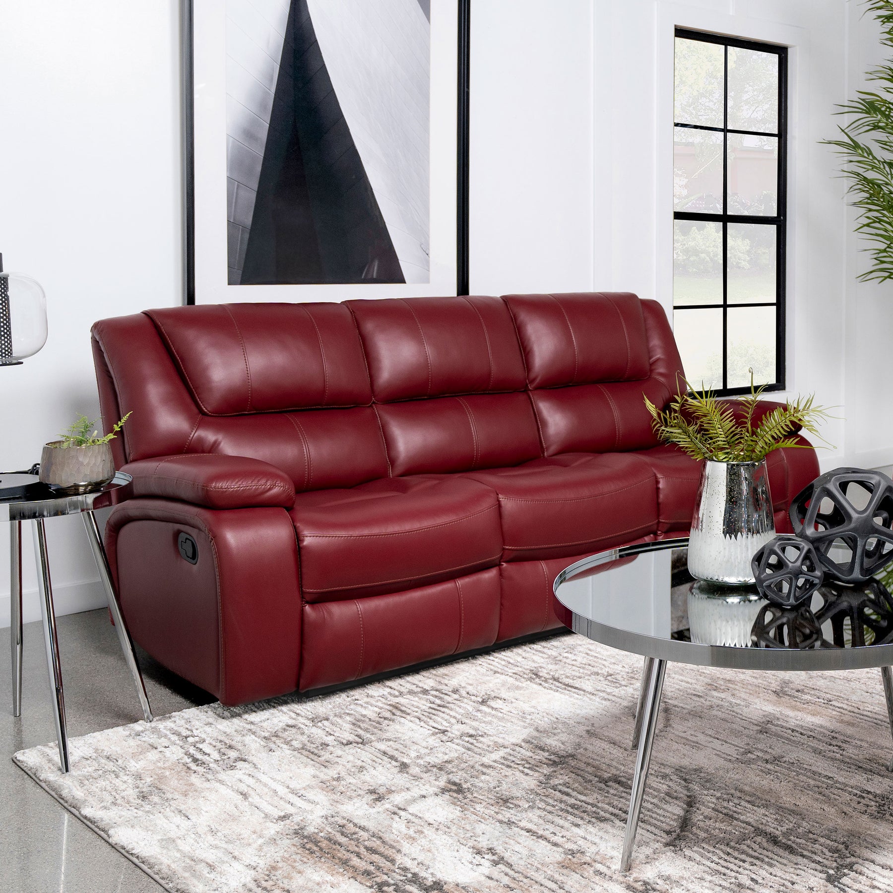 Camila Upholstered Motion Reclining Sofa Red Faux Leather Half Price Furniture