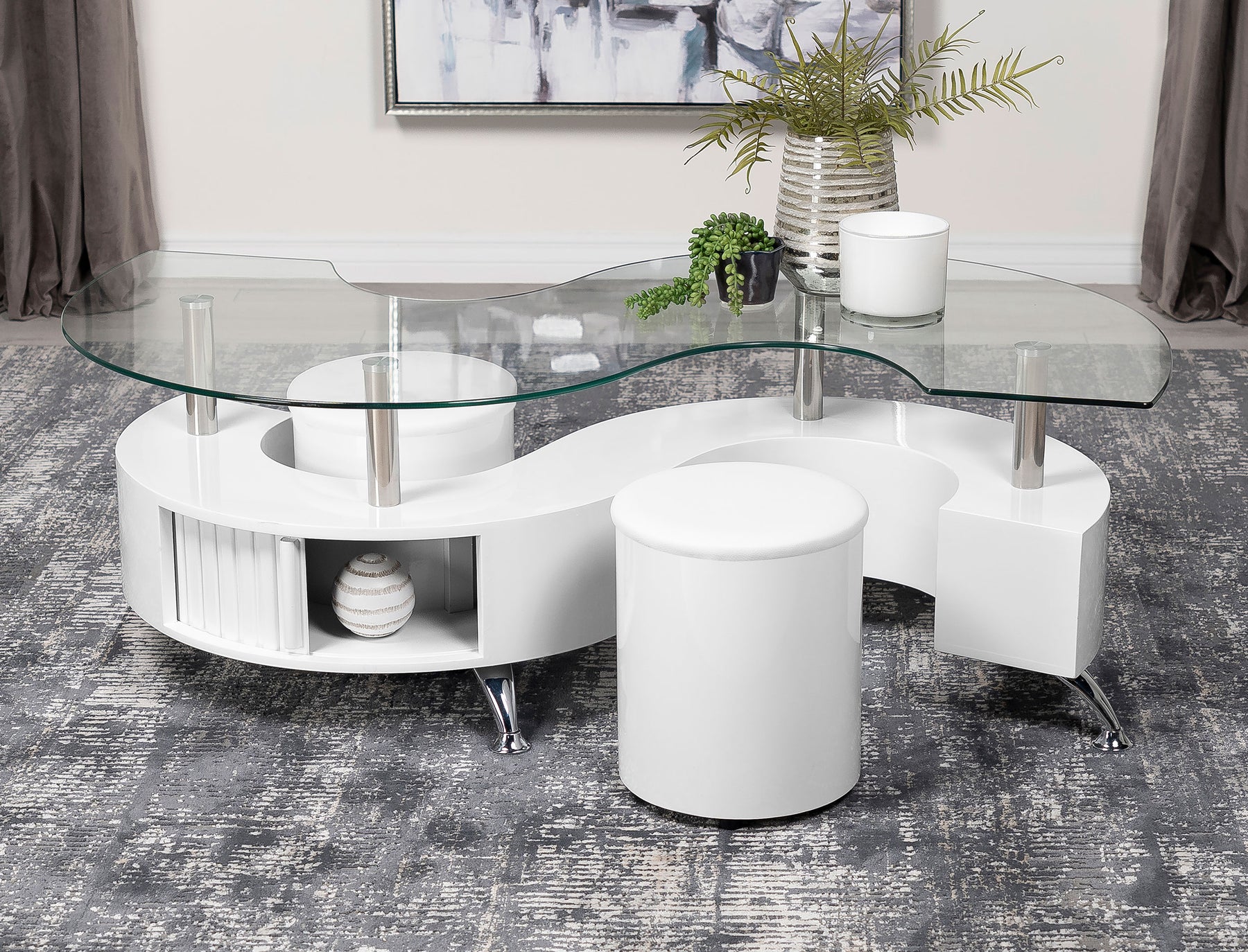 Buckley Curved Glass Top Coffee Table With Stools White High Gloss Half Price Furniture