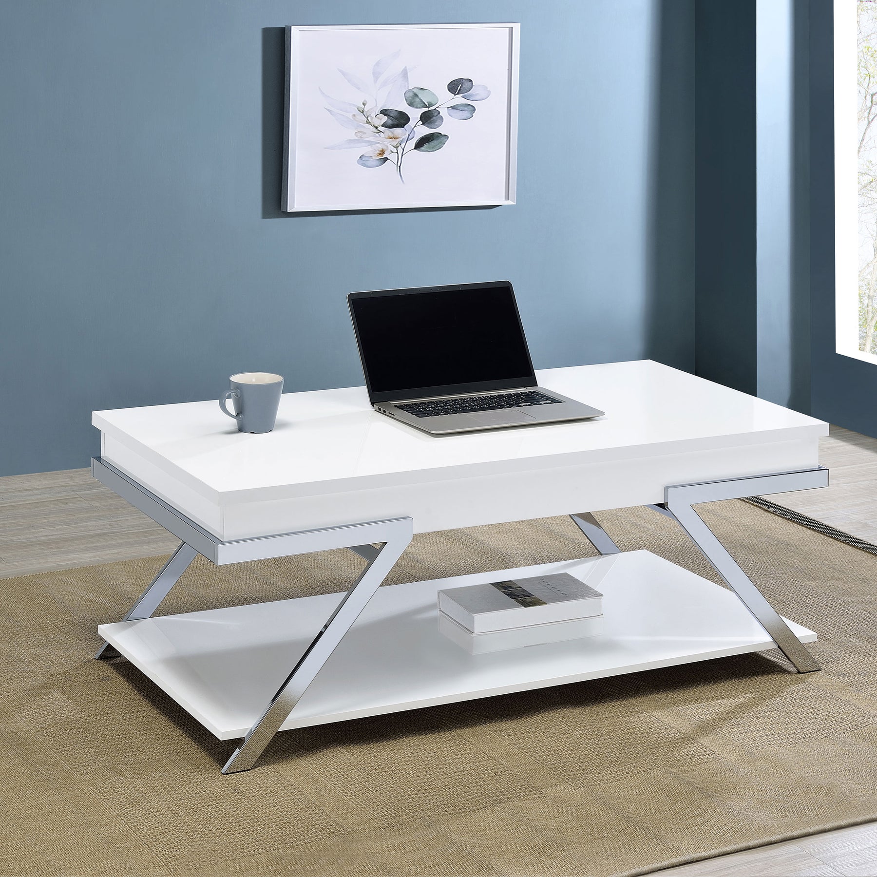 Marcia Wood Rectangular Lift Top Coffee Table White High Gloss and Chrome Half Price Furniture