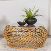 Dahlia Round Glass Top Woven Rattan Coffee Table Natural Brown Half Price Furniture