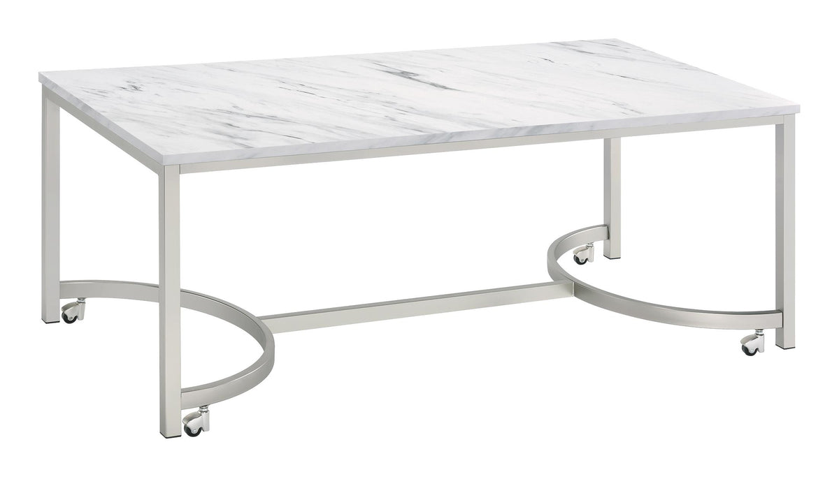 Leona Coffee Table with Casters White and Satin Nickel  Half Price Furniture