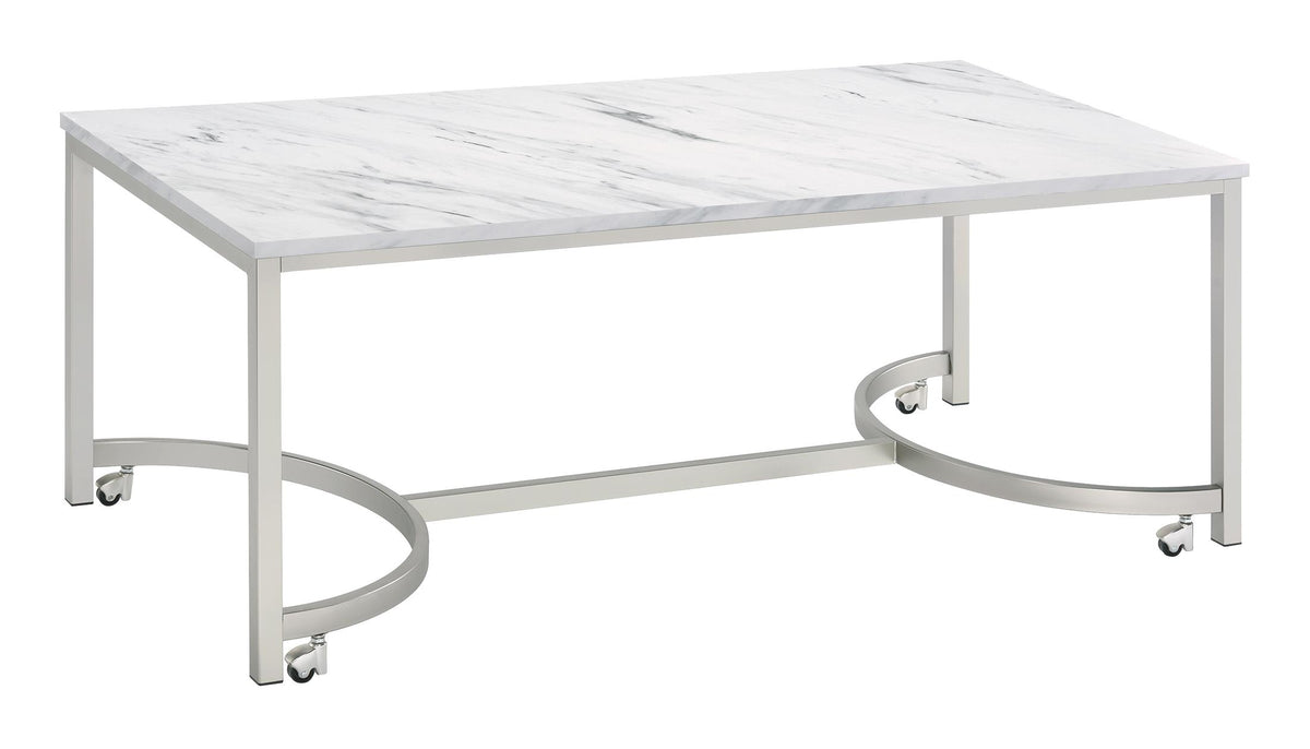 Leona Coffee Table with Casters White and Satin Nickel Half Price Furniture