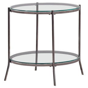 Laurie Round Glass Top End Table Black Nickel and Clear Half Price Furniture