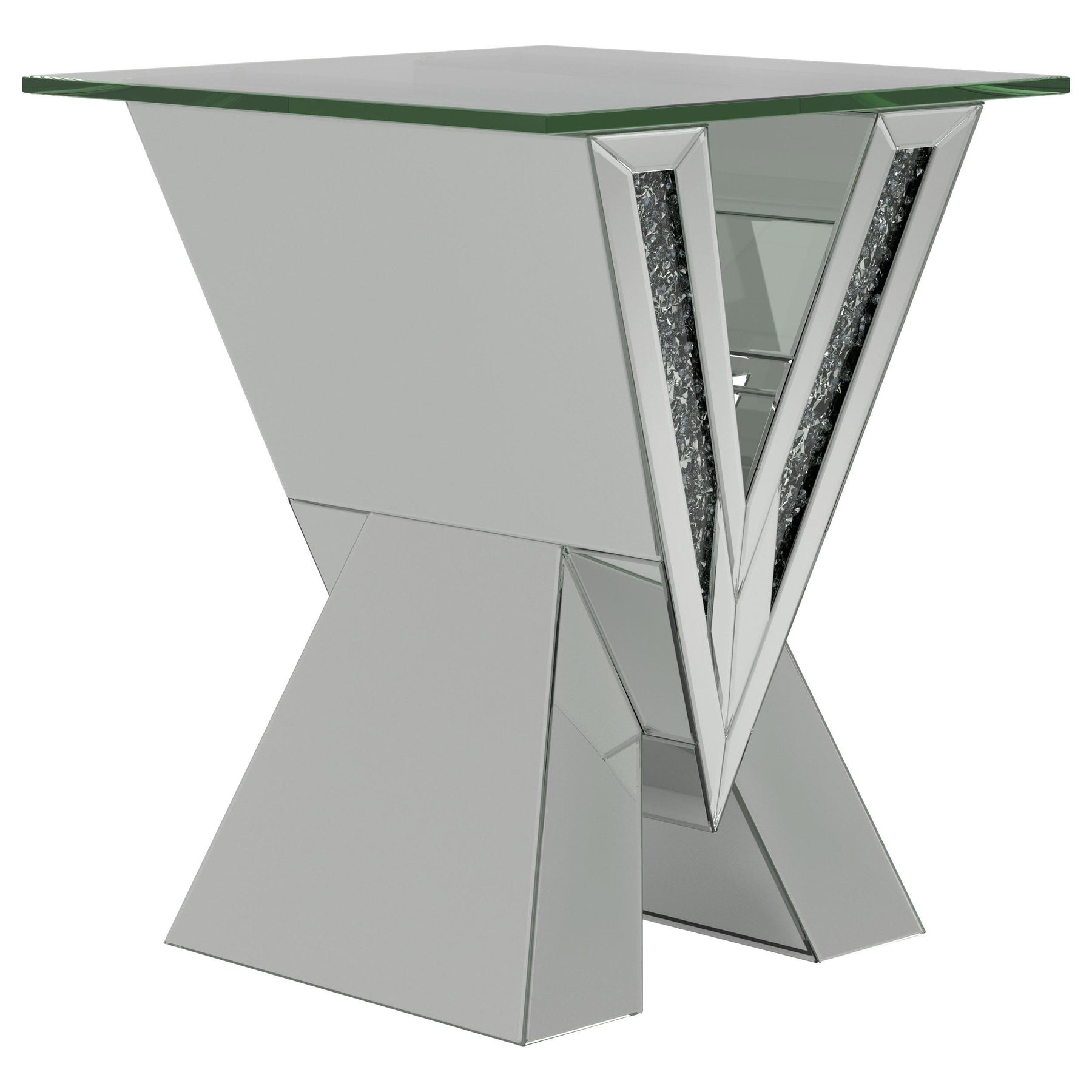 Taffeta V-shaped End Table with Glass Top Silver Half Price Furniture