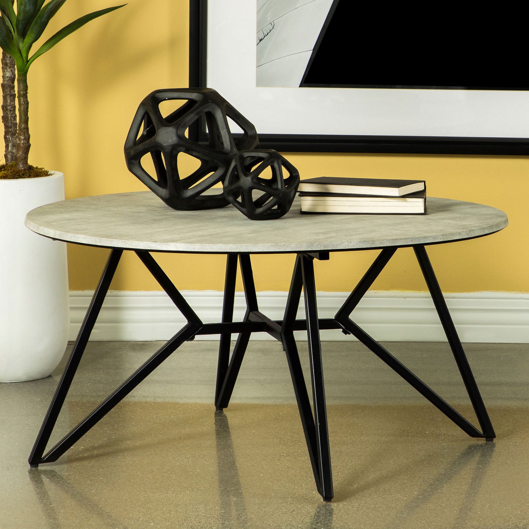 Hadi Round Coffee Table with Hairpin Legs Cement and Gunmetal Half Price Furniture