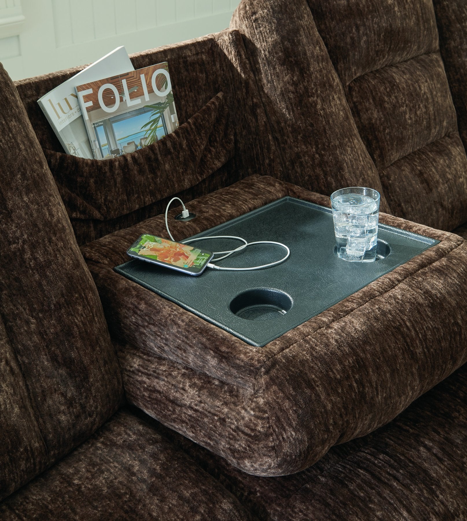 Soundwave Reclining Sofa with Drop Down Table - Half Price Furniture