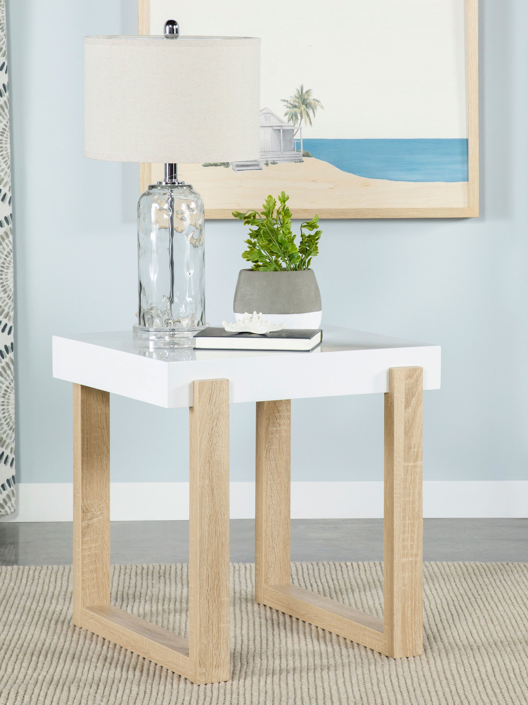 Pala Rectangular End Table with Sled Base White High Gloss and Natural Half Price Furniture