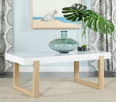 Pala Rectangular Coffee Table with Sled Base White High Gloss and Natural Half Price Furniture