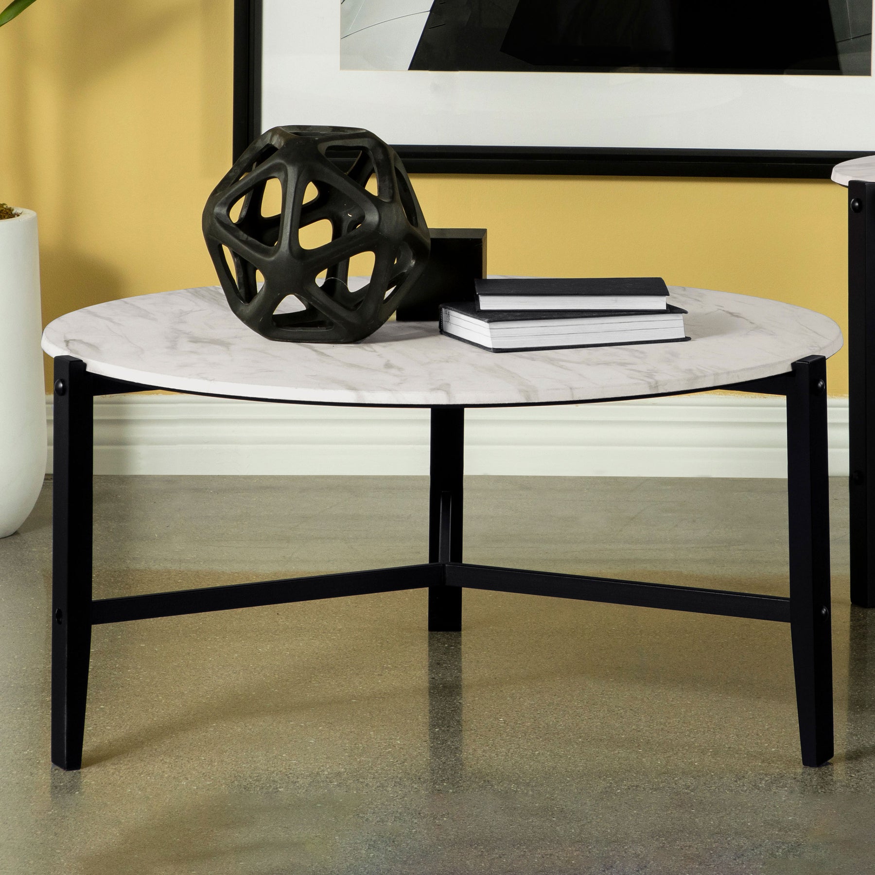 Tandi Round Coffee Table Faux White Marble and Black Half Price Furniture