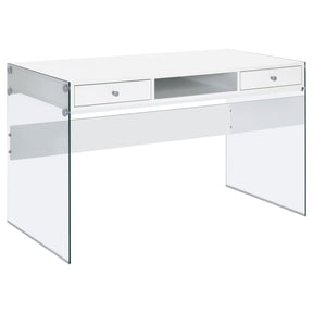 Dobrev 2-drawer Writing Desk Glossy White and Clear Half Price Furniture