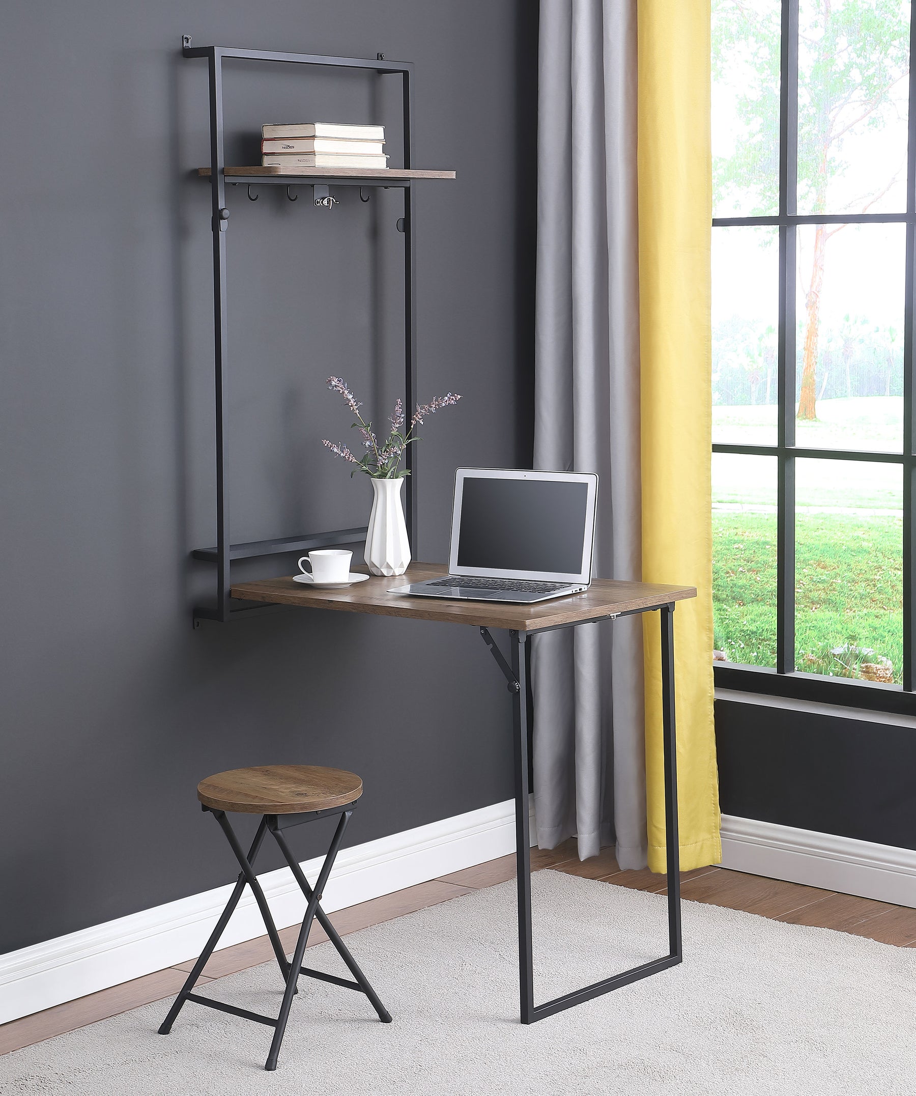 Riley Foldable Wall Desk with Stool Rustic Oak and Sandy Black Half Price Furniture