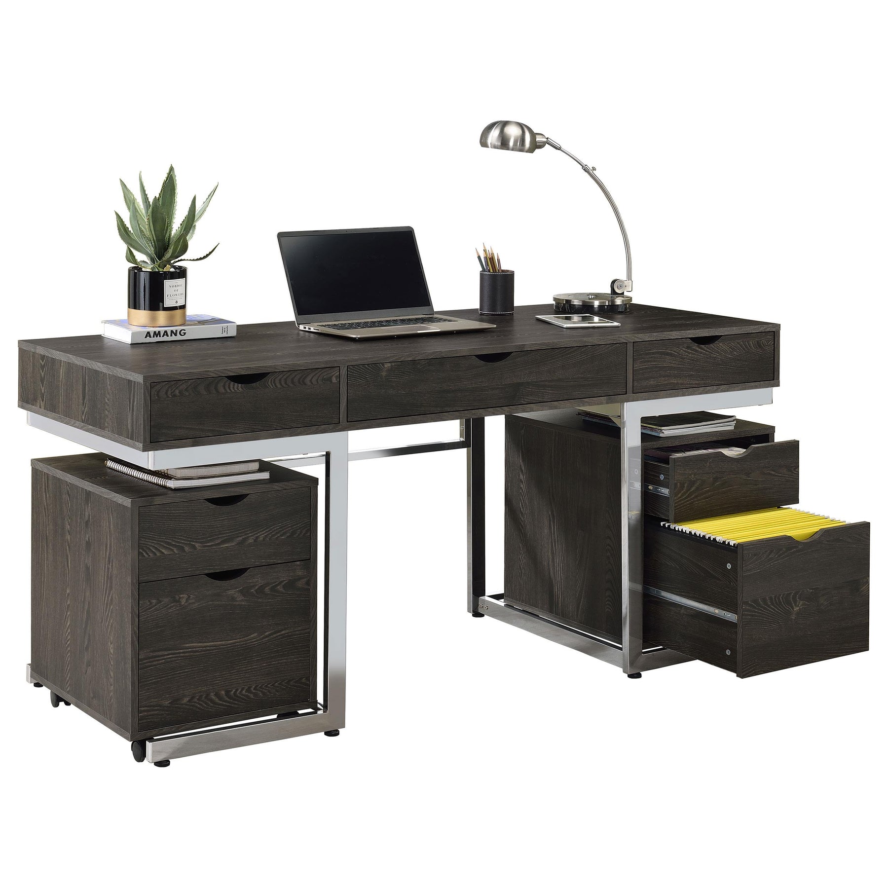 Noorvik 3-piece Writing Desk Set Dark Oak and Chrome Half Price Furniture