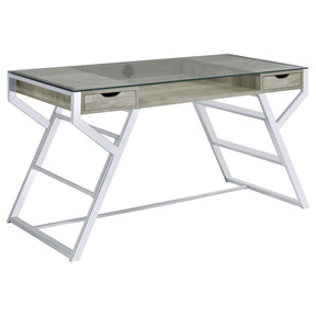 Emelle 2-drawer Glass Top Writing Desk Grey Driftwood and Chrome Half Price Furniture