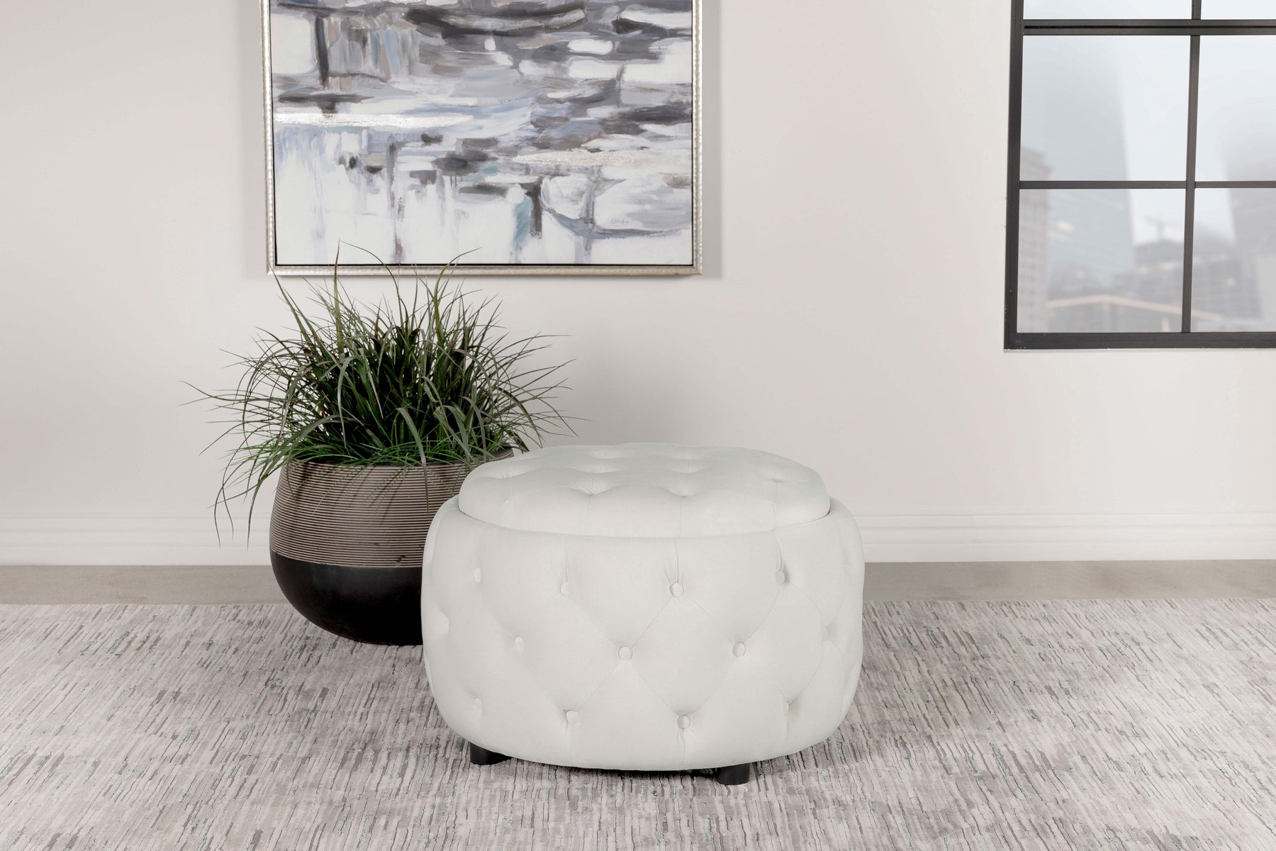 Angelina Tufted Storage Round Ottoman Pearl Half Price Furniture