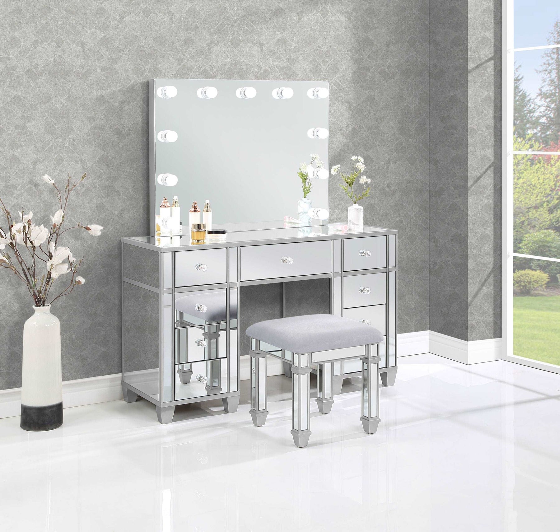 Allora 9-drawer Mirrored Storage Vanity Set with Hollywood Lighting Metallic Half Price Furniture