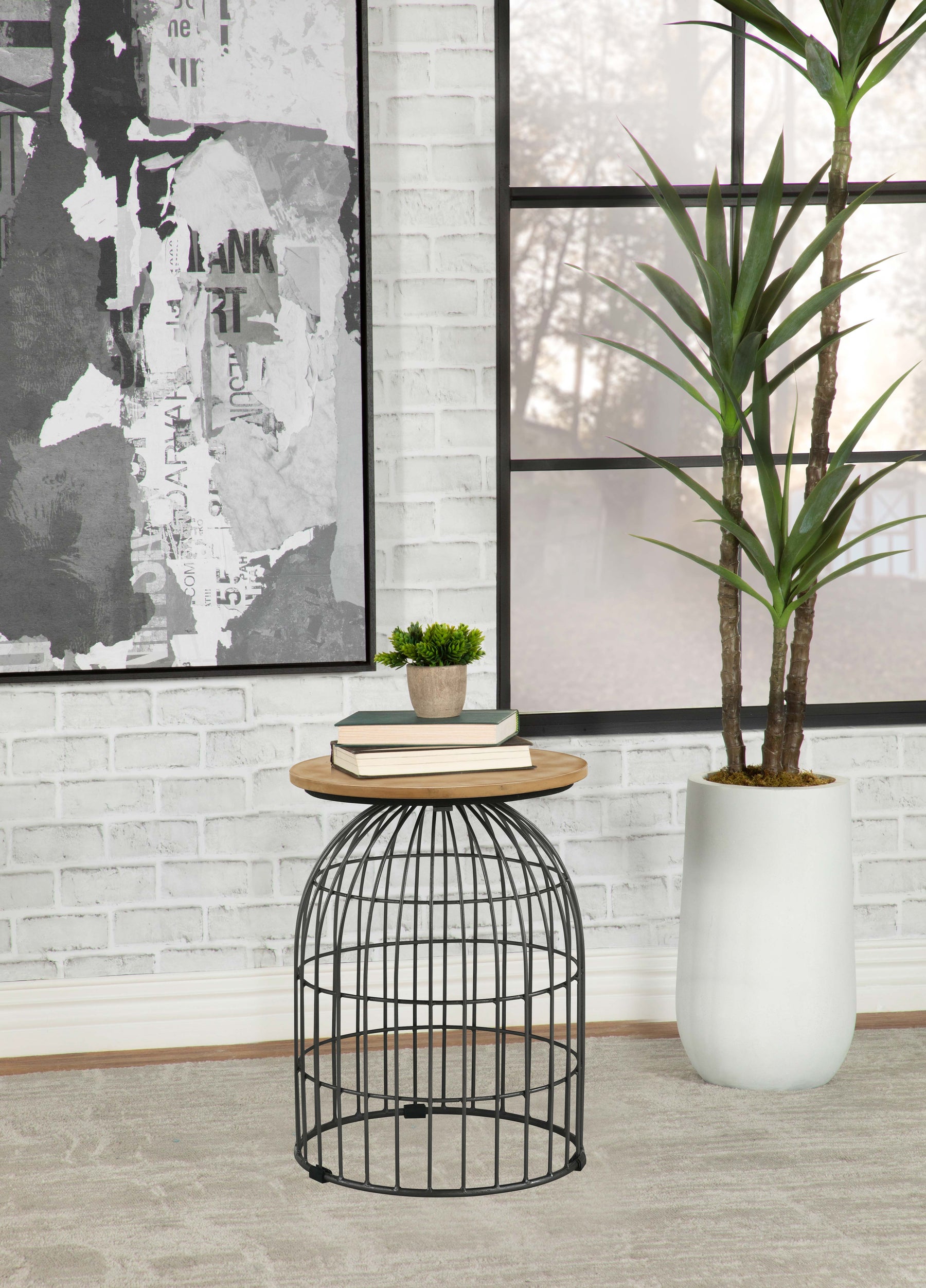 Bernardo Round Accent Table with Bird Cage Base Natural and Gunmetal Half Price Furniture