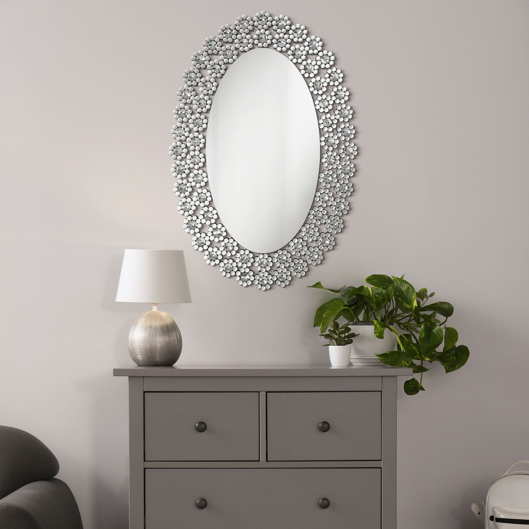 Colleen Oval Wall Mirror with Faux Crystal Blossoms Half Price Furniture