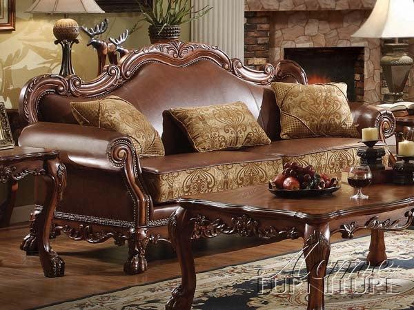Dresden Brown PU & Chenille, Cherry Oak Sofa w/3 Pillows  Half Price Furniture