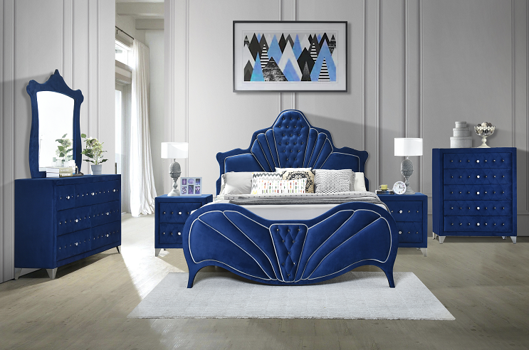 Dante Blue Velvet Eastern King Bed  Half Price Furniture