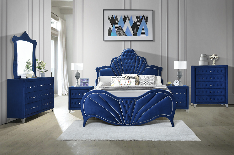 Dante Blue Velvet Queen Bed  Half Price Furniture