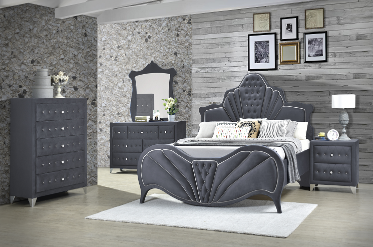 Dante Gray Velvet Queen Bed  Half Price Furniture