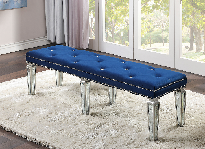 Varian Blue Velvet & Mirrored Bench  Half Price Furniture
