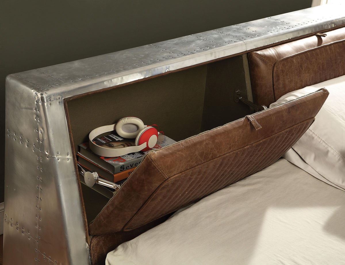 Brancaster Retro Brown Top Grain Leather & Aluminum Queen Bed  Half Price Furniture