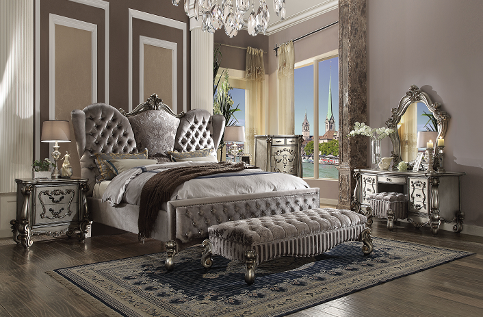 Versailles Velvet & Antique Platinum Queen Bed Half Price Furniture