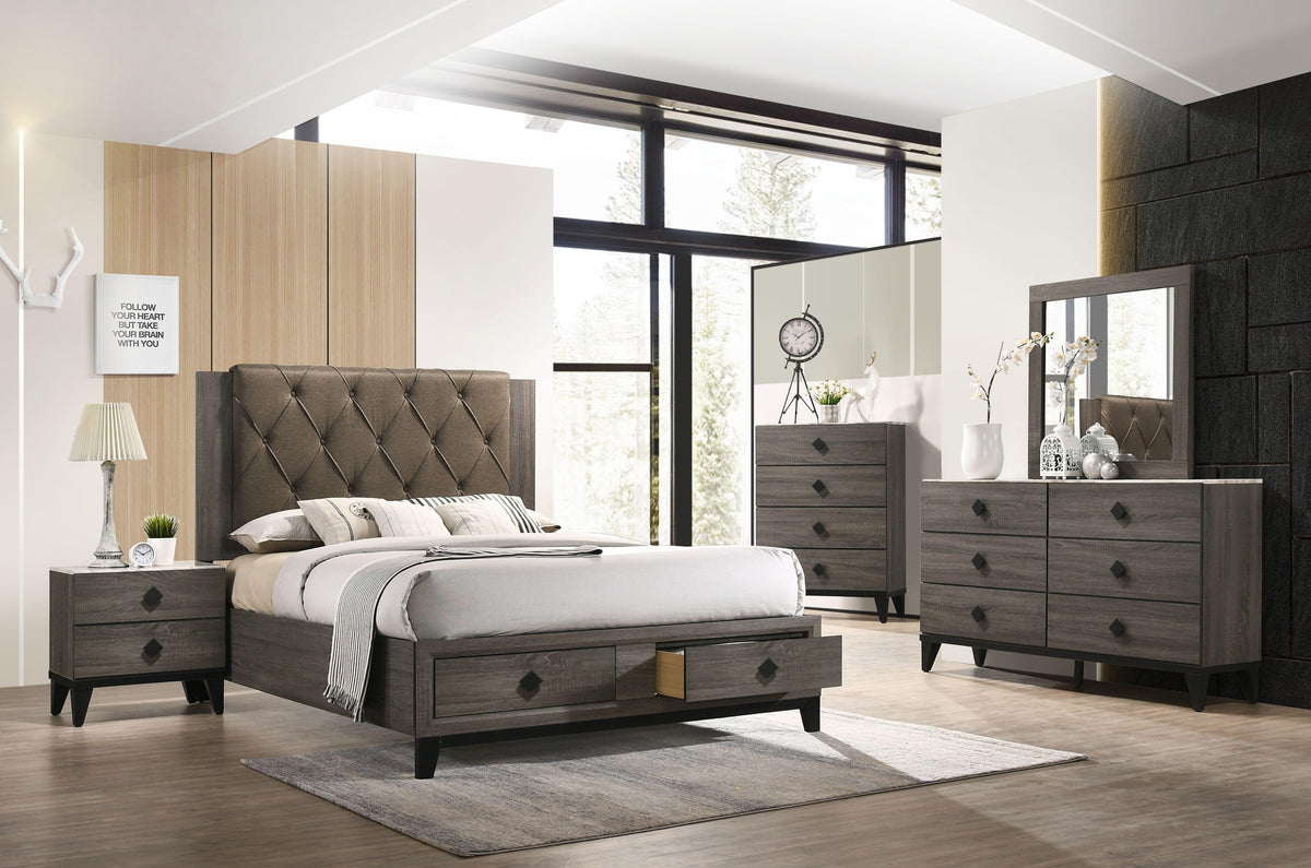 Avantika Fabric & Rustic Gray Oak Eastern King Bed (Storage)  Half Price Furniture