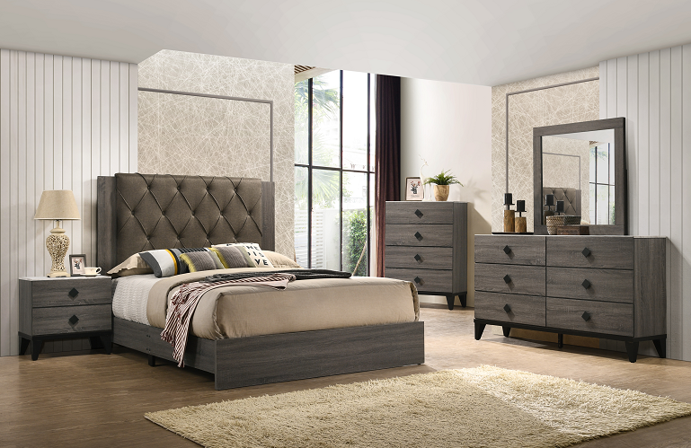 Avantika Fabric & Rustic Gray Oak Queen Bed  Half Price Furniture